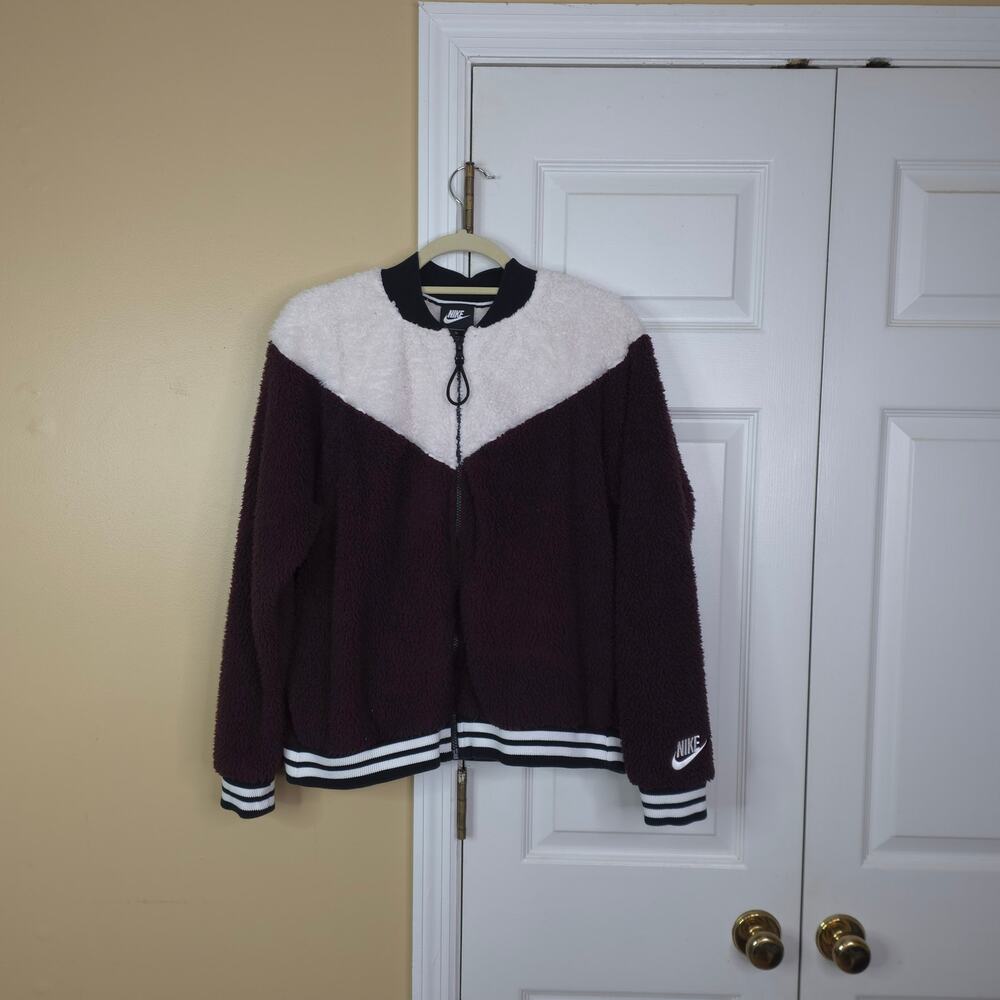 Nike Sportswear NSW Heritage Sherpa Fleece Bomber Jacket Burgundy White Size XL